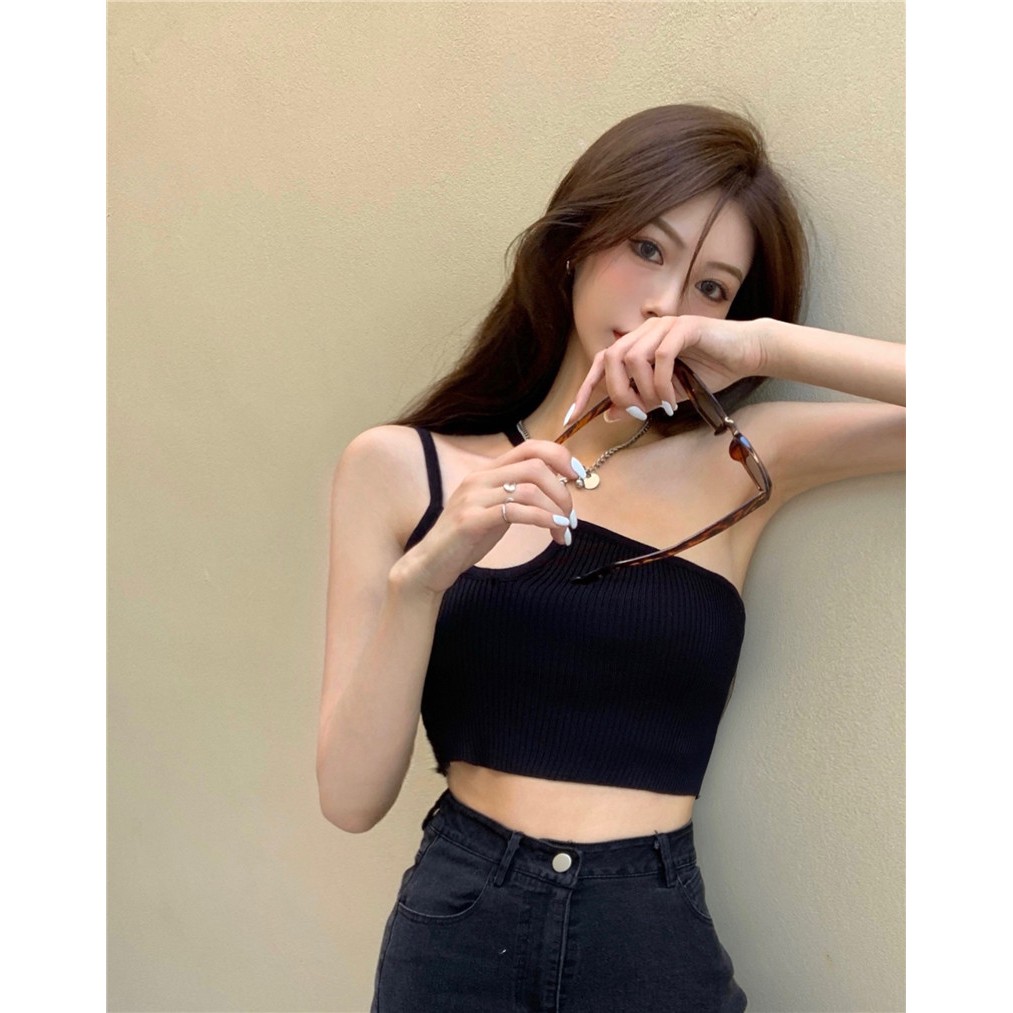 Cocory vn Áo Croptop Dệt Kim Thiết Kế Lệch Vai Phong Cách Quyến Rũ