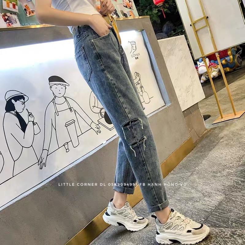 Quần baggy bò slim jean rách sườn xẻ lưng cao quảng châu có sẵn