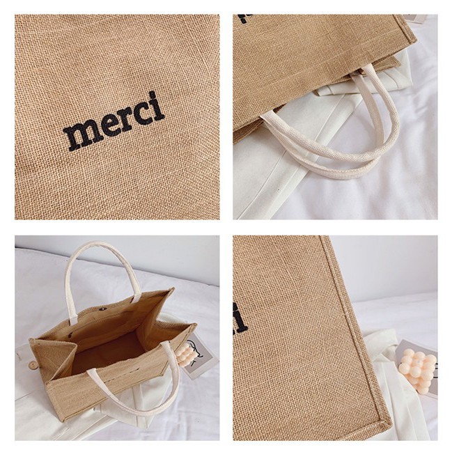 Túi Xách Cói Chữ Merci Thời Trang Cho Nữ Hàng Dày Loại Tốt 32x35x18cm