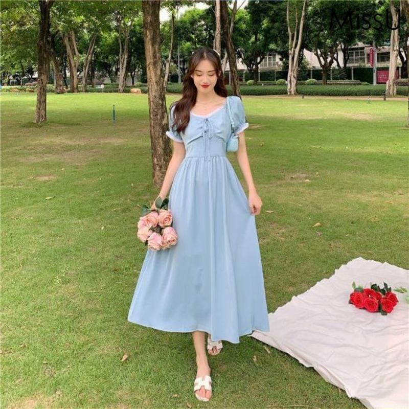 Đầm Maxi Tay Ngắn Phồng Cổ Thuyền Màu Xanh/Đen Thời Trang Mùa Hè Phong Cách Hàn Quốc Cho Nữ