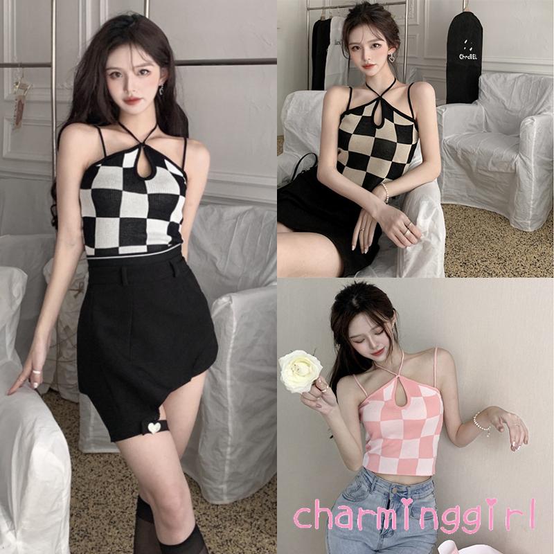 Áo Croptop Hai Dây Họa Tiết Sọc Caro Thời Trang Quyến Rũ Cho Nữ