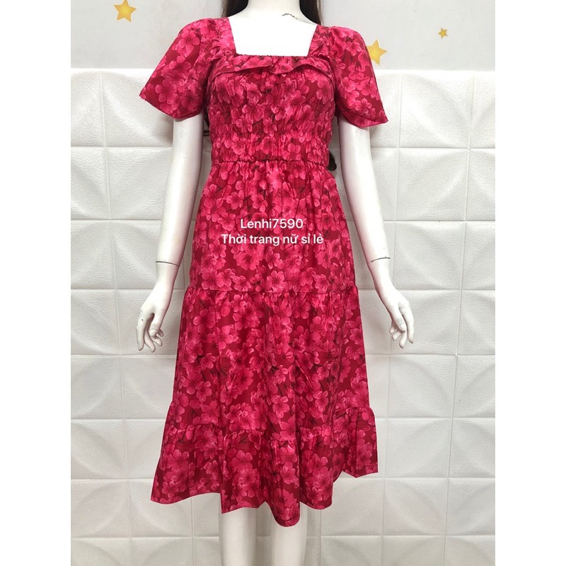 ĐẦM DÀI DÁNG XOÈ LỤA HOA XẾP BÈO GÍA RẺ