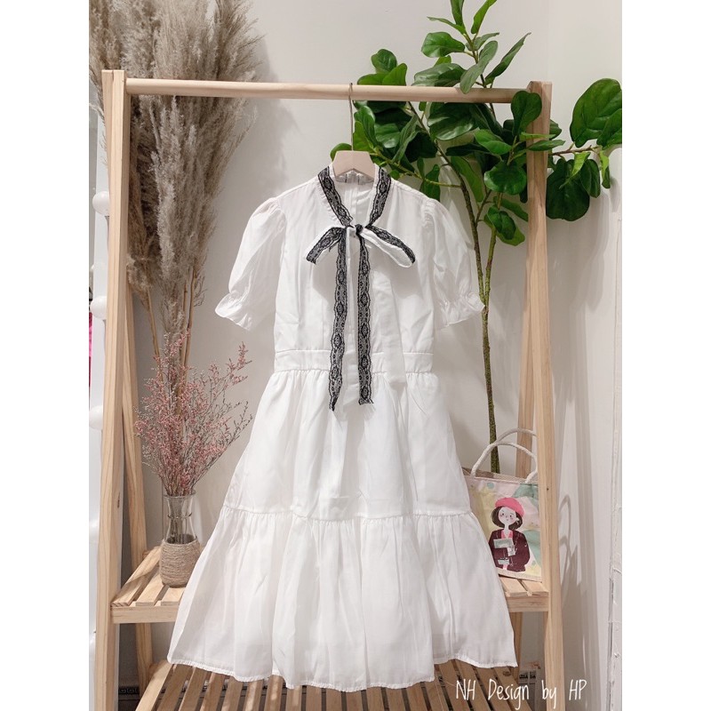 [ VTK88 ] VÁY TRẮNG TK CỔ PHA REN THẮT NƠ