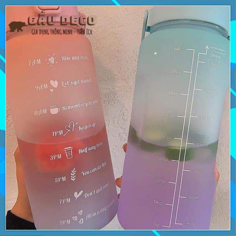 Bình nước 2 lít chia vạch siêu kute [FREESHIP]  Báo giờ uống nước dễ thương cute thể thao có ống hút
