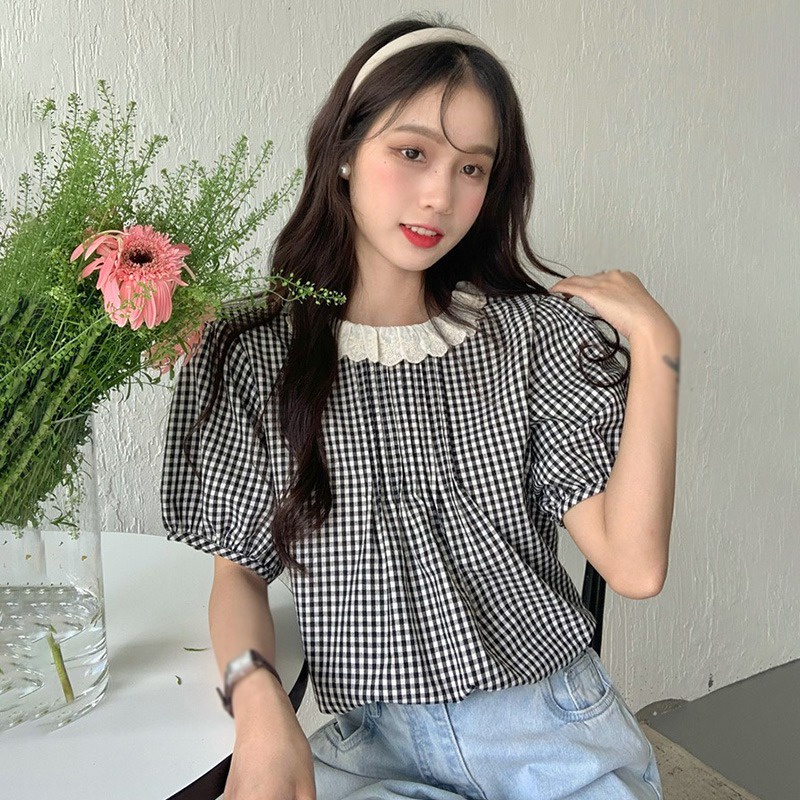 Áo Sơ Mi Tay Ngắn Cổ Tròn Phối Ren Thời Trang Hàn Quốc Dành Cho Nữ