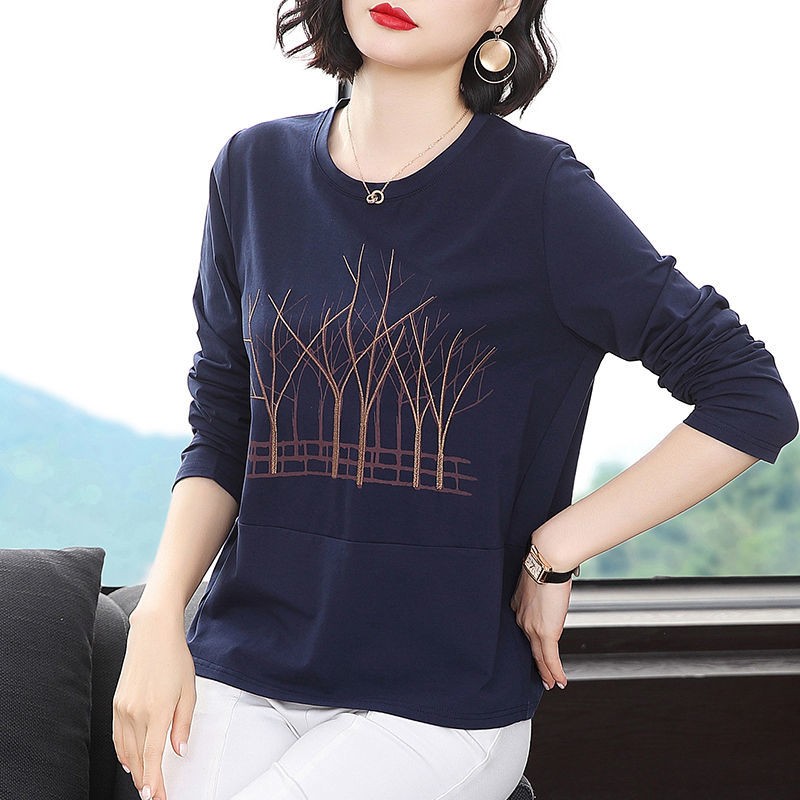 100% cotton áo thun nữ cổ tròn thêu tay dài mùa xuân và mùa thu mẹ mặc bên ngoài áo khoác kết hợp tất cả áo sơ mi dưới c