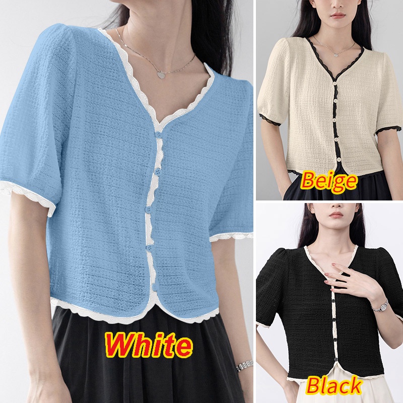 Áo ZANZEA tay phồng cổ chữ V màu tương phản phối viền ren có nút cài phong cách Hàn Quốc ngọt ngào cho nữ