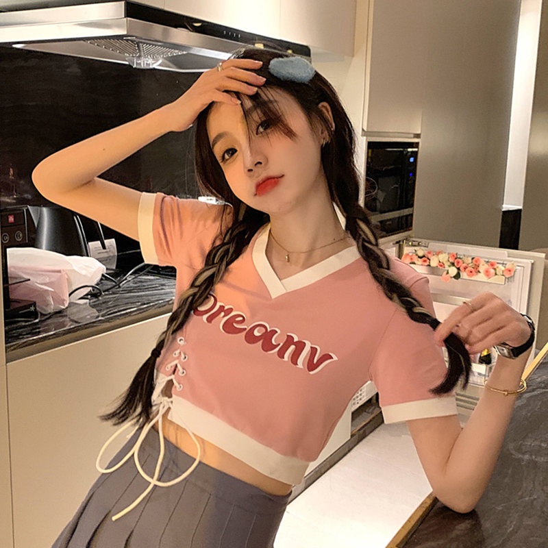 【ZHELIHANGFEI】 / Áo Thun Tay Ngắn Màu Trơn Kiểu Retro Mỹ Thời Trang Mùa Hè Cho Nữ