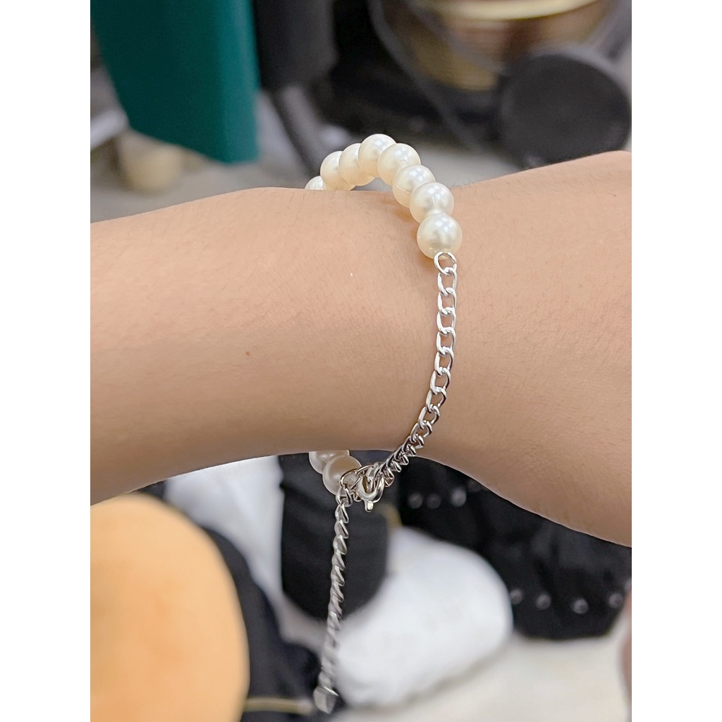 Vòng Tay ngọc trai nhân tạo mix dây bạc Nam Nữ basic hàng thiết kế