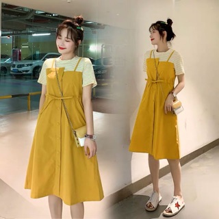 {Thanh lý bigsize 275->200k) Váy liền thân vàng dáng yếm dây rút eo