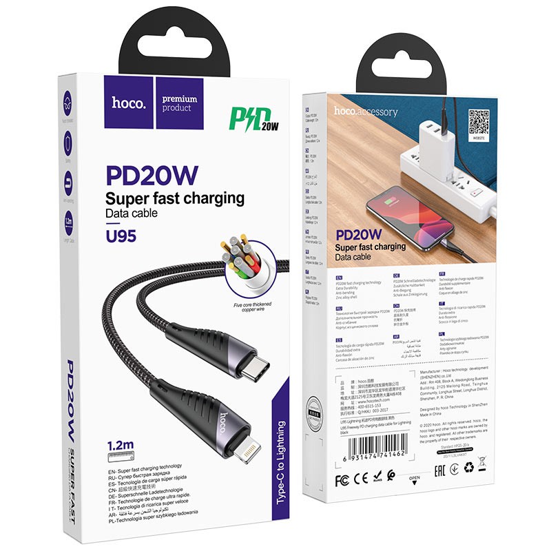 Cáp sạc nhanh PD20W/3A Hoco U95 Type-C dành cho IP10/11/12/13/14 dây bọc dù chống đứt, đầu sạc hợp kim ,dài 120cm
