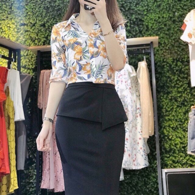 Chân váy công sở dáng bút chì eo đắp vạt che bụng, bút chì vạt bụng d58cm
