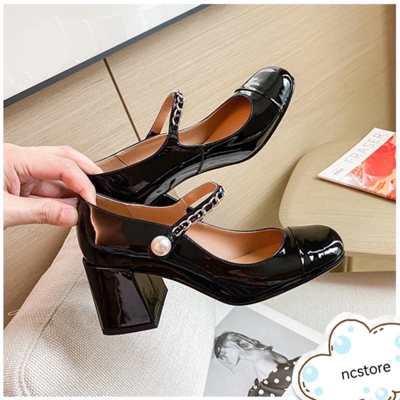 GIÀY CAO GÓT NỮ MI.U M.IU QUAI XÍCH PHỐI NGỌC GÓT VUÔNG 6 PHÂN