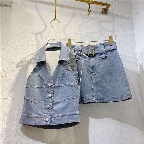 Jiashucheng Áo Hai Dây + Quần Culottes Denim Xanh Nhạt Thời Trang Mùa Hè Nóng Bỏng Cho Bé Gái