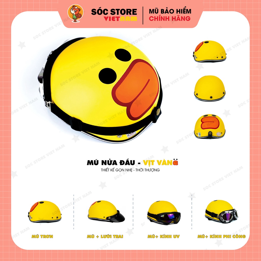 Mũ bảo hiểm nửa đầu chính hãng in hình Vịt vàng Sóc Store, nón bảo hiểm nam nữ 1 phần 2, kèm kính UV, kính phi công