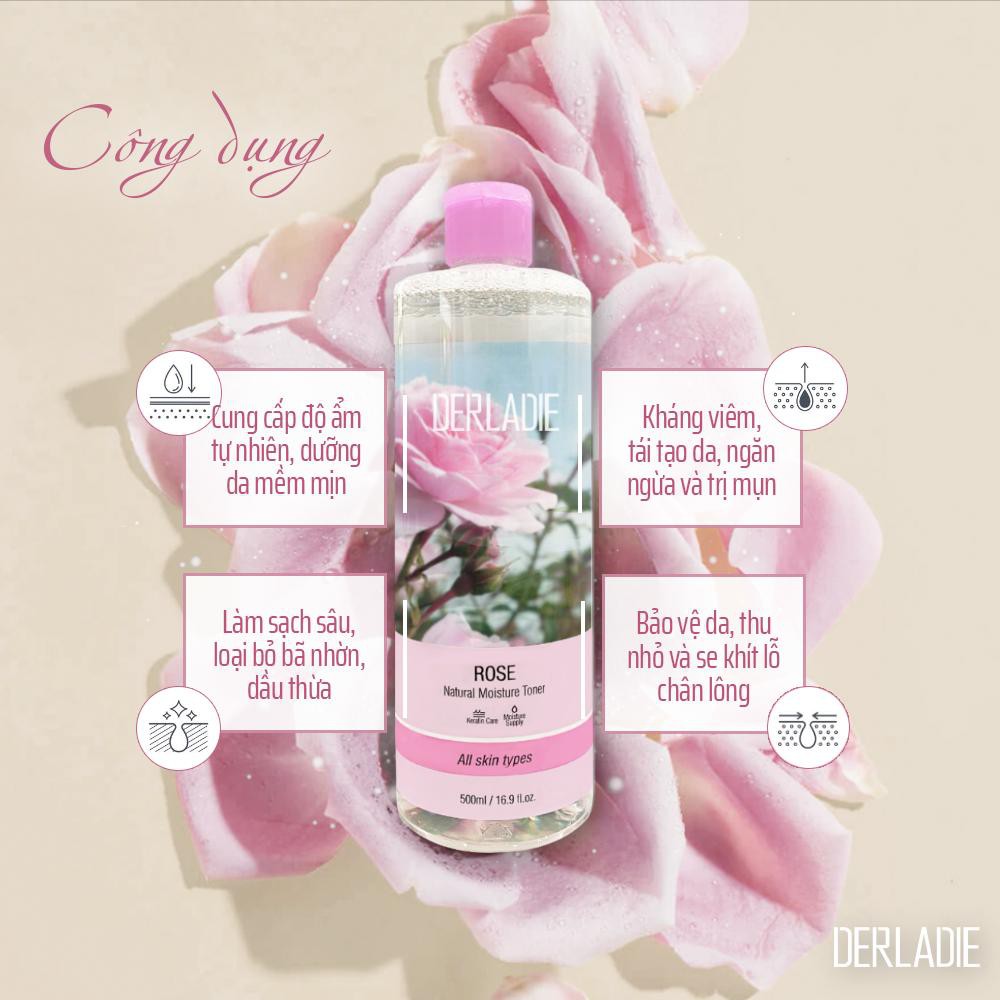 Nước Hoa Hồng Cấp Ẩm, Ngừa Mụn Dành Cho Da Khô Derladie Rose Natural Moisture Toner 500ml - Cao Minh House