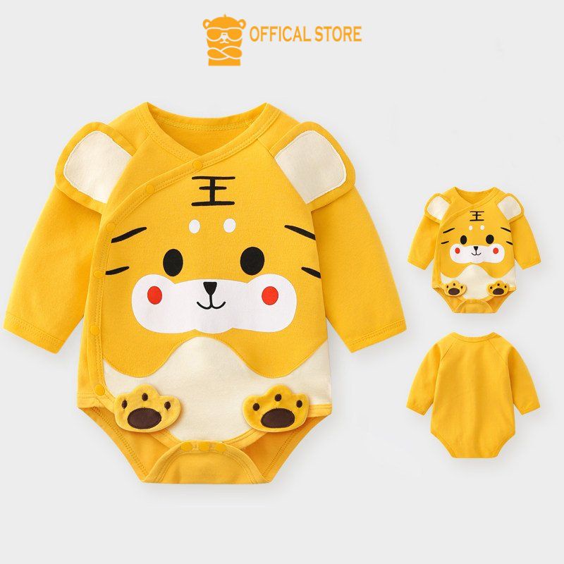 Bodysuit dài tay sơ sinh Lotuka hình thú dễ thương, bộ liền thân hè thu cúc chéo cho bé từ 3-12kg