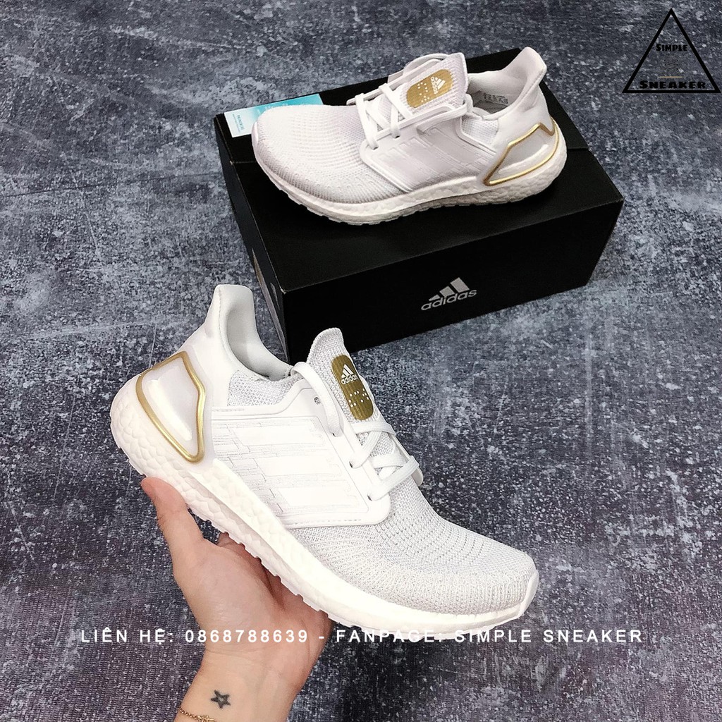 Giày Adidas Auth🔴FREESHIP🔴Adidas Ultraboost 20 Triple White Gold Metallic Chính Hãng - Giày Chạy Tốt Nhất Thế Giới ¹