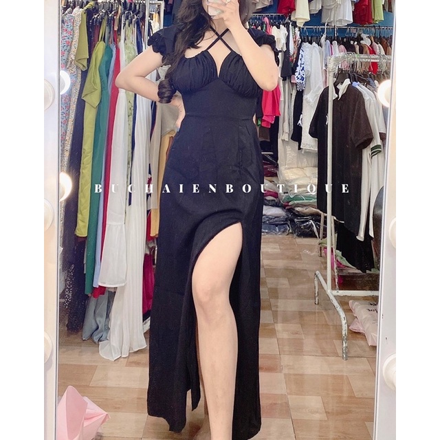 ĐẦM MAXI ĐEN NHÚN THUN LƯNG XẺ TÀ (BIGSIZE)