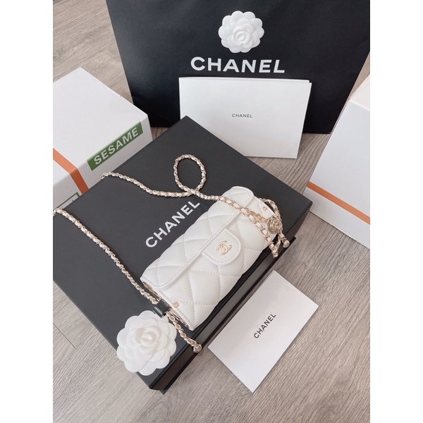 Túi đeo chéo nữ tròn dáng trống da mịn màu đen trắng khoá vàng dây xích fullbox có hộp xịn