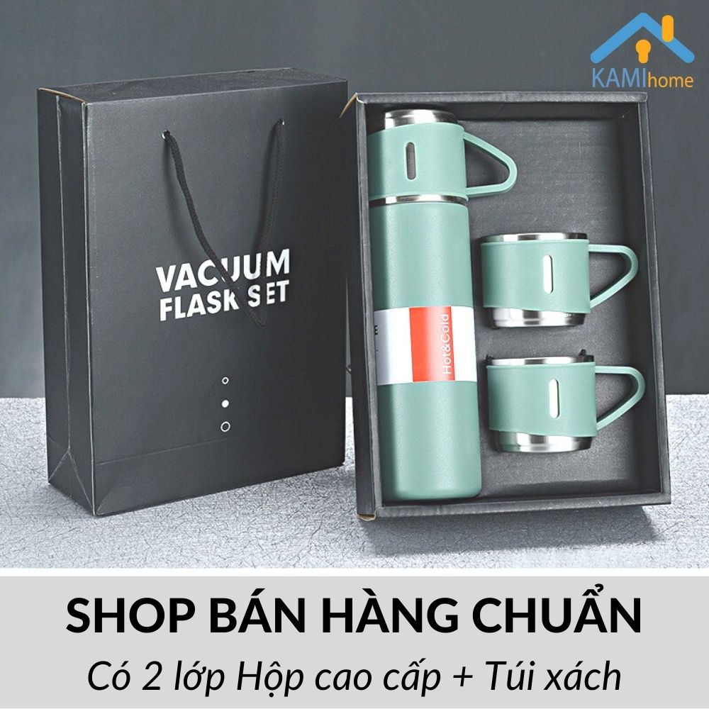 Bình nước giữ nhiệt inox nắp có quai Kèm 2 Cốc-Đóng hộp quà tặng cao cấp-cỡ 500ml mã 22050