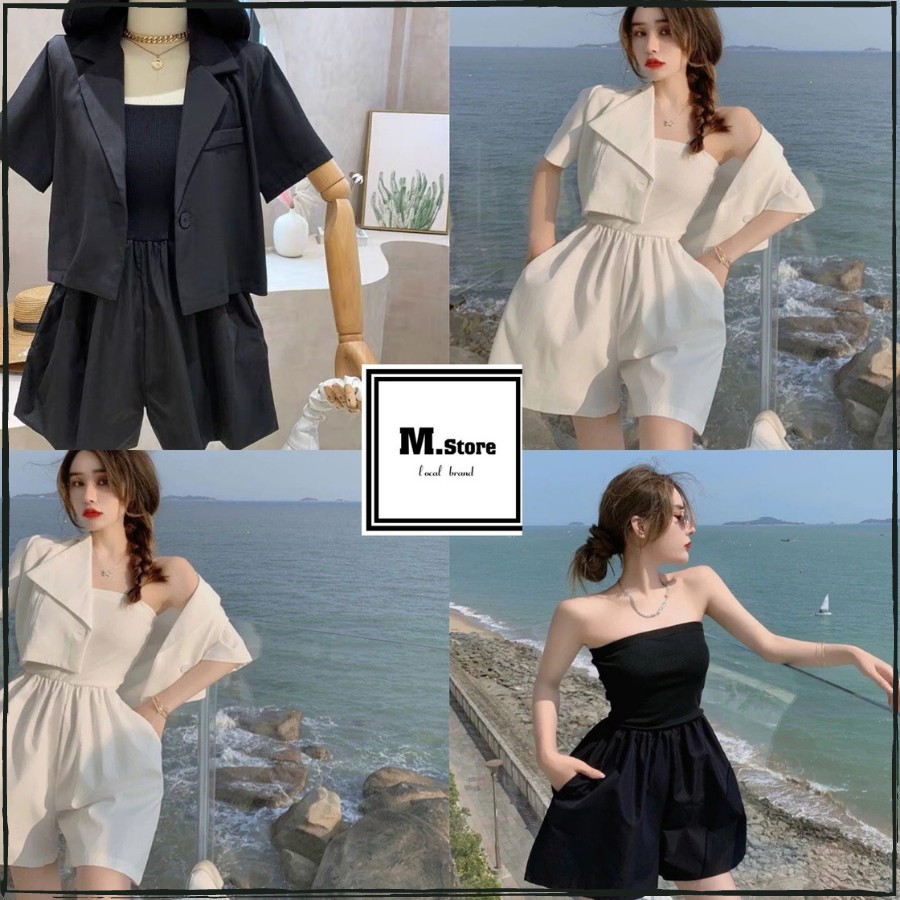 Set Bộ Jumpsuit Đùi Kèm Áo Khoác Phong Cách Unisex Có Ảnh Thật + Video M.Store