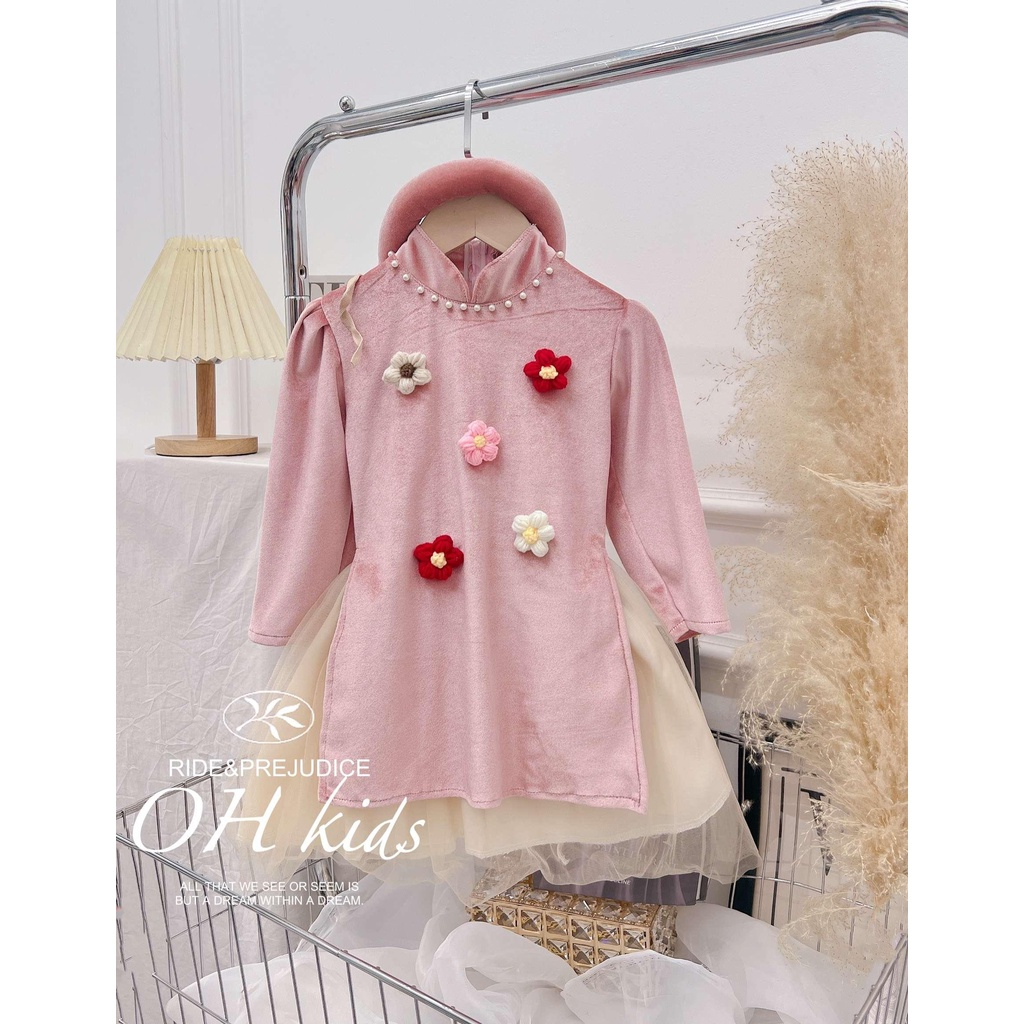 Set áo dài nhung đính hoa len cho bé gái