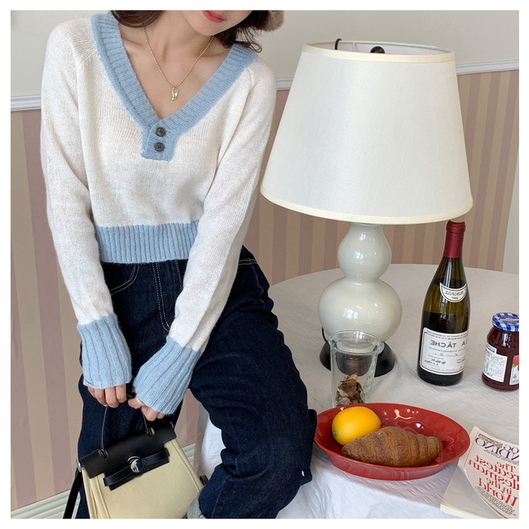 Áo len ZHELIHANGFEI tay dài cổ chữ V lưng cao dễ phối đồ