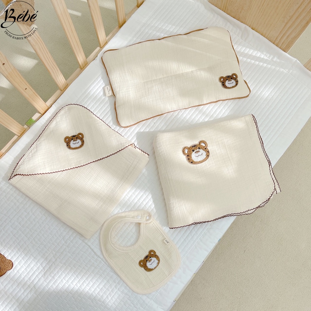 BéBé - Set Bộ Chăn, Gối Đầu, Chăn Ủ Viền Zigzag Họa Tiết Mặt Hổ Cho Bé