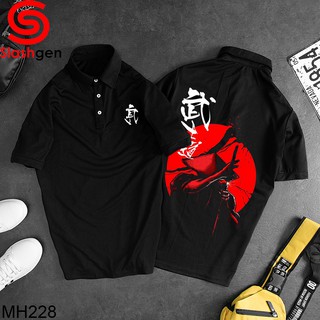 Áo Thun Nam Có Cổ MH228 Polo Đen Samurai Rút Kiếm Trong Vòng Đỏ Chữ Tàu Trắng Sau Lưng + Chữ Tàu Ngực Tr [40kg-110kg]