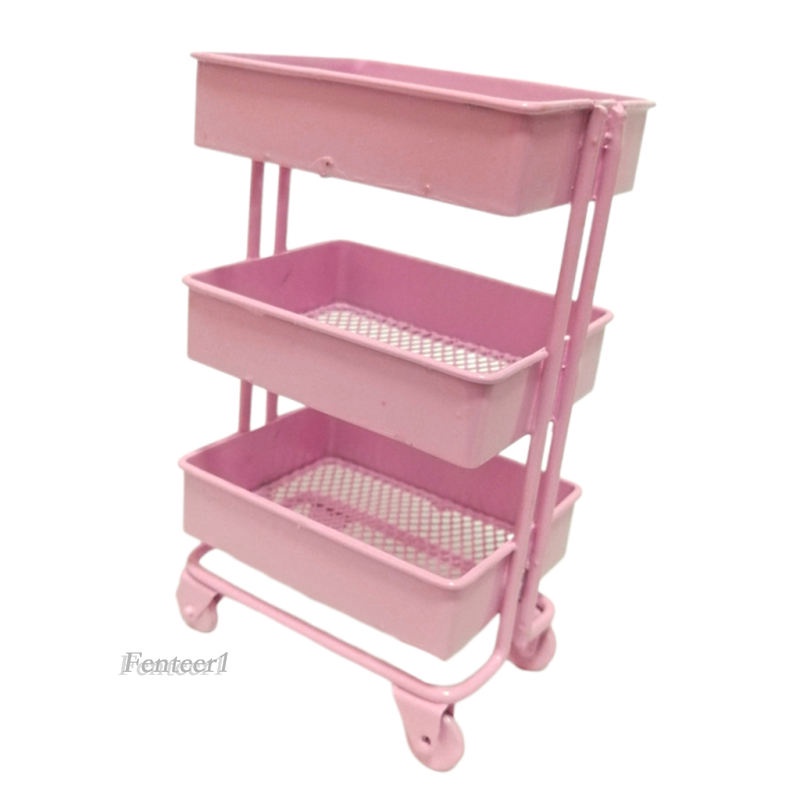 [Fenteer1] Kệ Để Đồ 3 Tầng Mini 1 / 12 Có Bánh Xe Màu Hồng Trang Trí Phòng Búp Bê