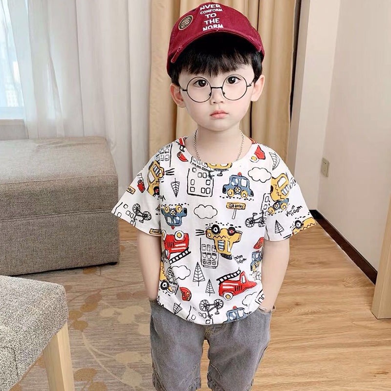 Áo Thun Cotton Ngắn Tay Dáng Rộng In Hoạt Hình Xe Hơi Kiểu Hàn Quốc Cho Bé Trai