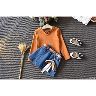 Set áo nâu váy jean kèm thắt lưng
