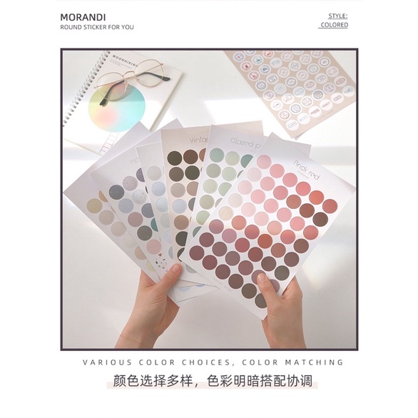 🌸SET 48 STICKER DÁN TRANG TRÍ HÌNH TRÒN NHIỀU MÀU SẮC, NHÃN DÁN TRÒN PHONG CÁCH MORANDI🌸