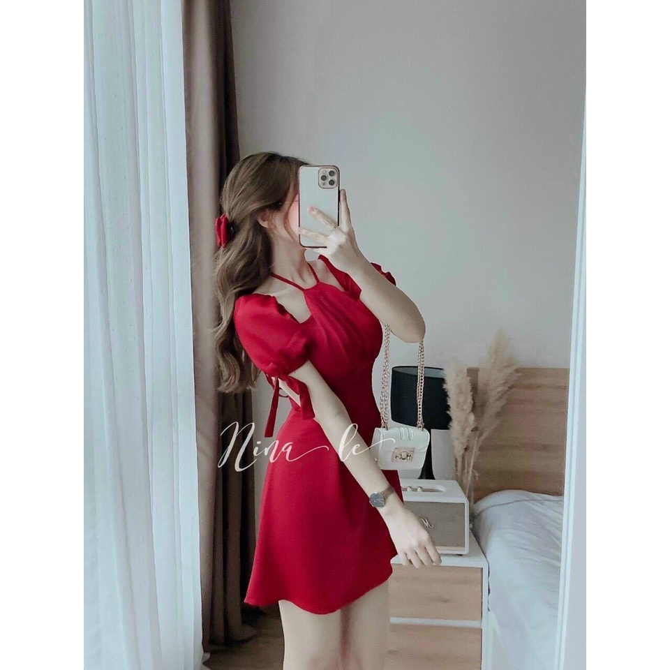 Đầm váy nữ cổ kiểu yếm tay ngắn buộc nơ(có mút ngực) ôm eo dáng xòe gợi cảm, quý phái cho nàng dự tiệc