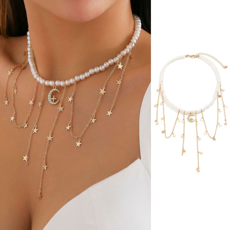 Vòng Cổ Choker Thiết Kế Chuỗi Hạt Ngọc Trai Mặt Ngôi Sao Phong Cách Baroque