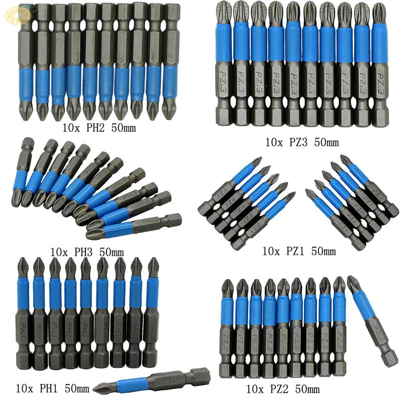 Bộ 10 đầu tuốc nơ vít nam châm 50mm PH1/PH2/PH3/PZ1/PZ2/PZ3