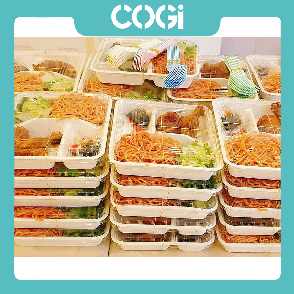 50 hộp cơm bã mía 3 ngăn 800ml kèm nắp nhựa dùng 1 lần cogi đựng cơm, thực phẩm chế biến ăn liền, thực phẩm khô