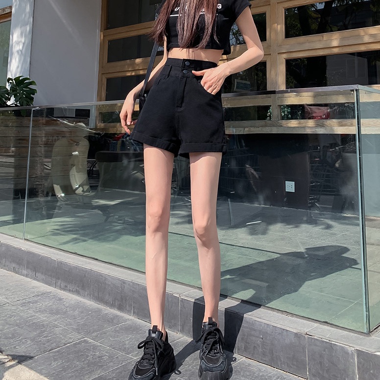 Quần Short Denim Lưng Cao Ống Rộng Theo Phong Cách Retro Hàn Quốc