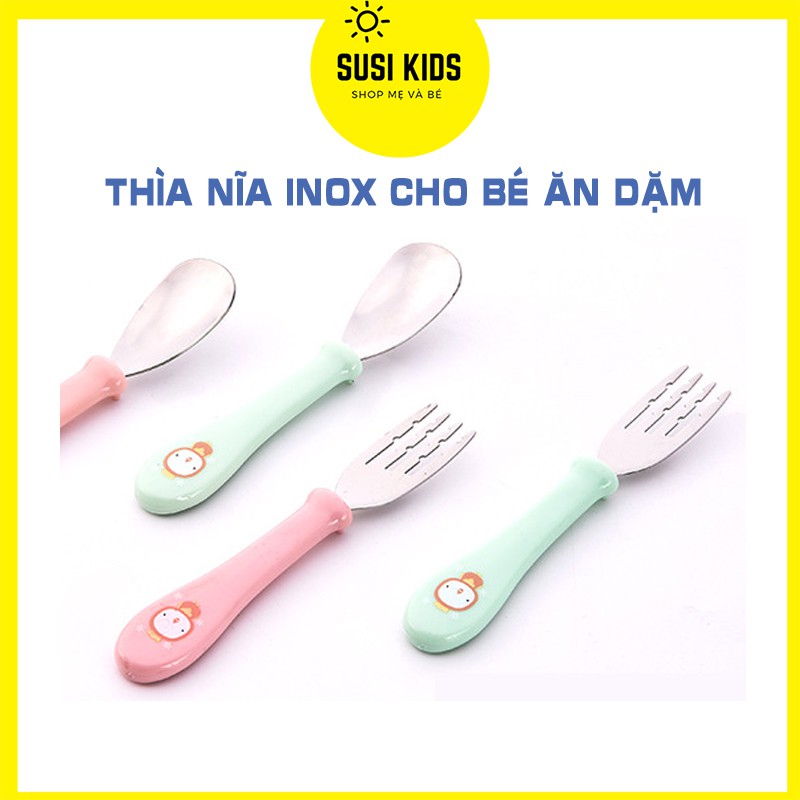 Set Thìa Nĩa Dĩa Cho Bé Trai Bé Gái Ăn Dặm Tập Xúc Đầu Inox 304 Cán Nhựa - Susi Kids