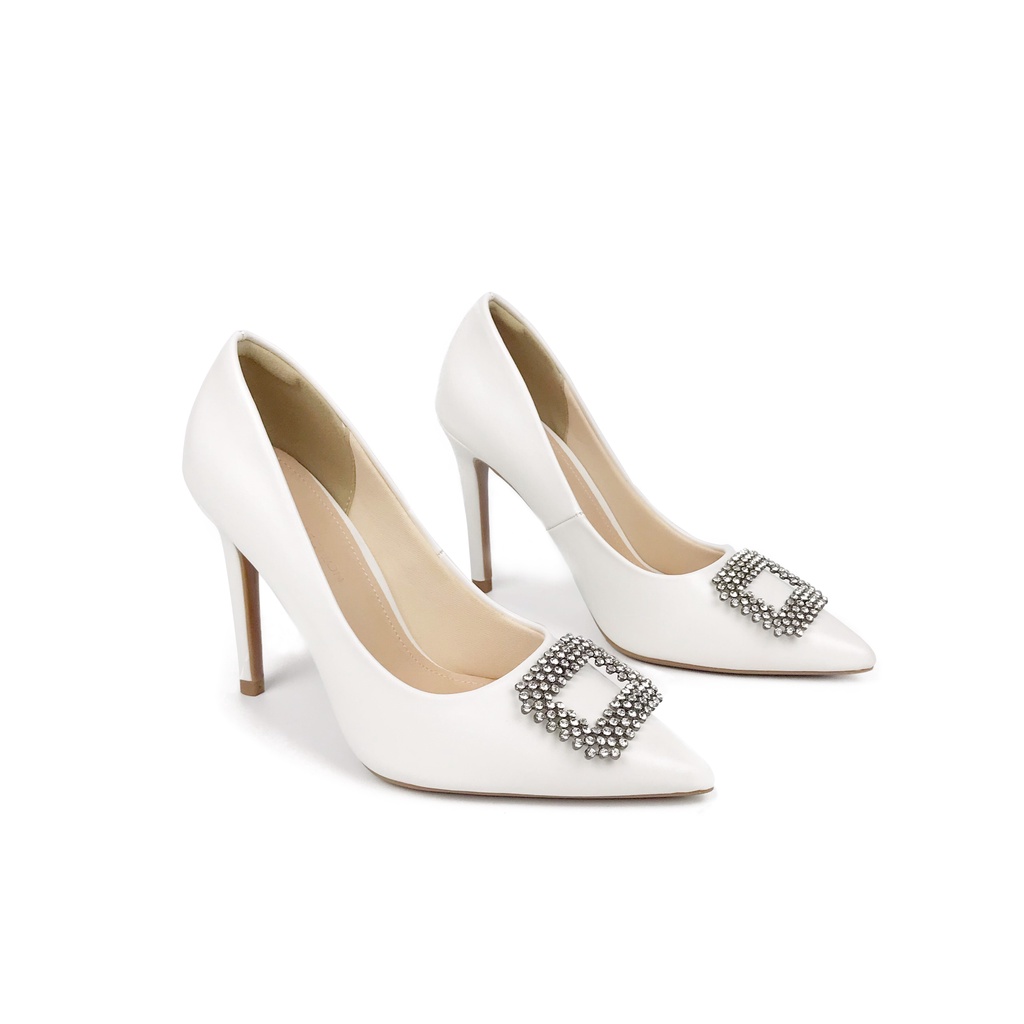 Giày cao gót 9p bít mũi HADU G933 khóa đính đá, chất liệu lụa satin, gót cao từ 7 10cm