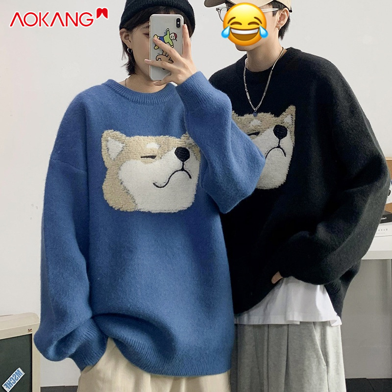 Áo sweater AOKANG dáng rộng in họa tiết hoạt hình phong cách Hàn Quốc thời trang thu đông dành cho nam
