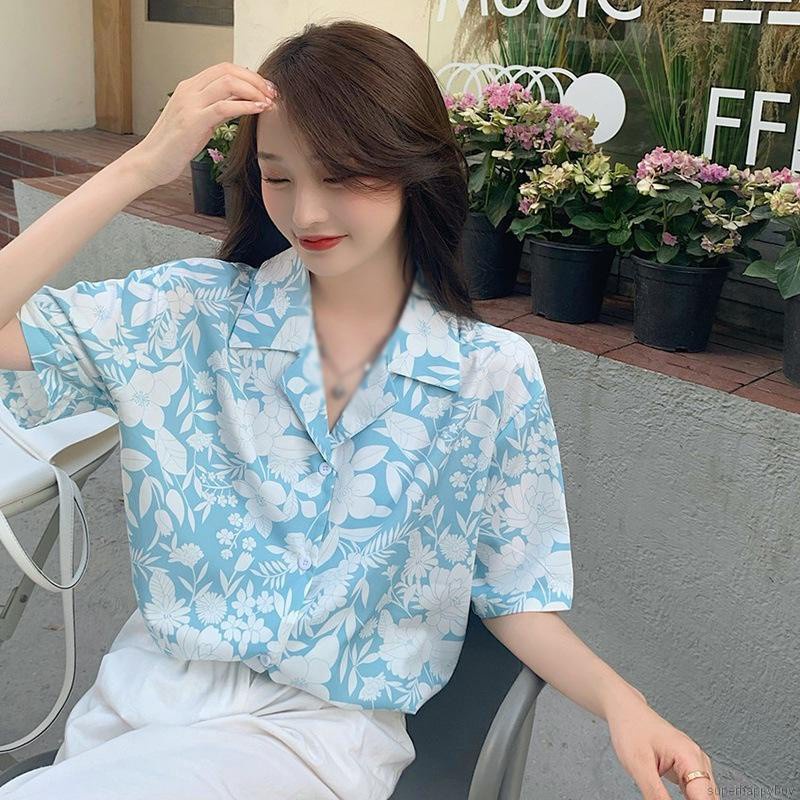 Áo Sơ Mi Nữ Tay Ngắn Dáng Rộng In Hoa Phong Cách Hàn Quốc