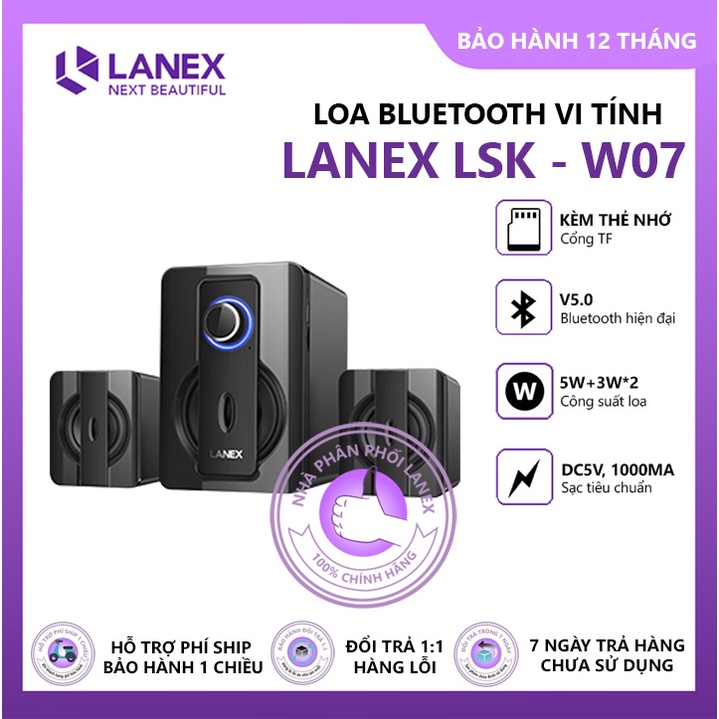 Loa Bluetooth kết hợp loa vi tính LANEX LSK - W07 V5.0, âm thanh sống động, tương thích nhiều thiết bị