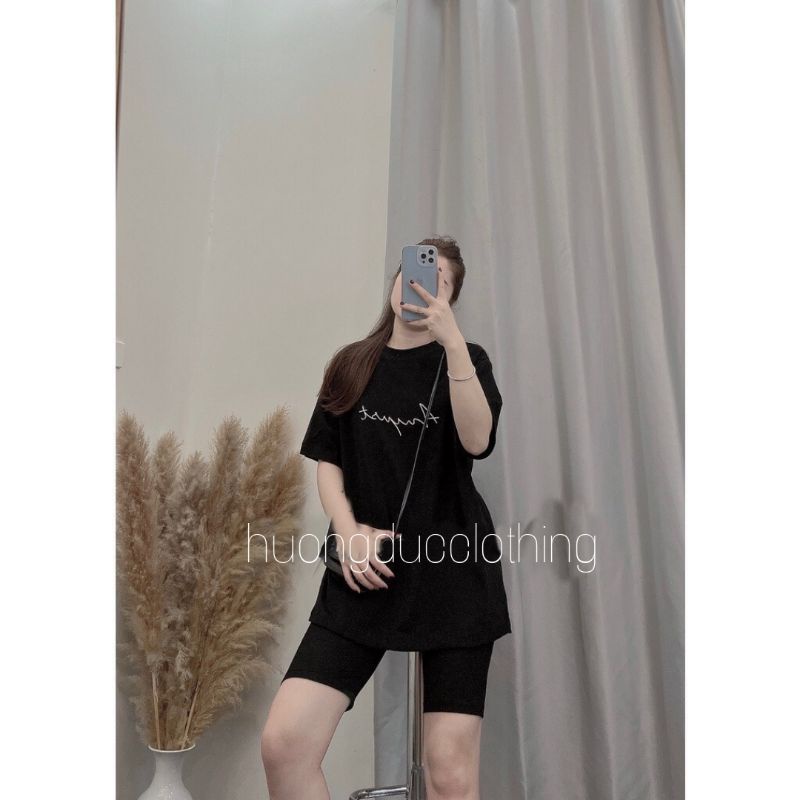 Sét Áo Thun Tay Lỡ Dòng Chữ Kèm Quần Legging Bó Ôm