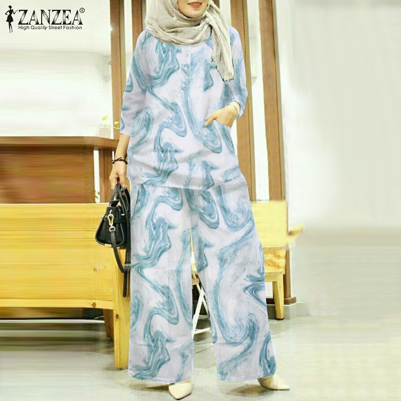 Zanzea Bộ Áo Tay Lửng 3 / 4 Phút Và Quần Dài Ống Rộng Lưng Thun Cho Phụ Nữ Hồi Giáo
