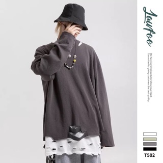 (LAWFOO) Áo thun cổ tròn dài tay rách gấu áo cá tính