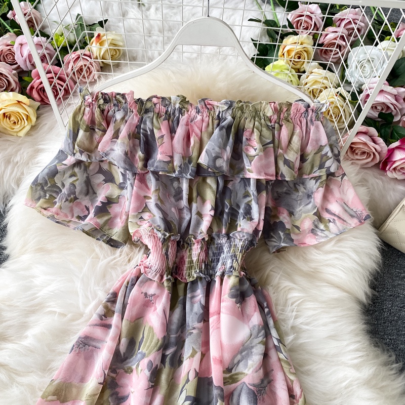 Váy đi biển cao cấp hoa nhí trễ vai bèo dáng dài maxi đầm chun eo dáng xoè kiểu Hàn Quốc 9608  DK7T103