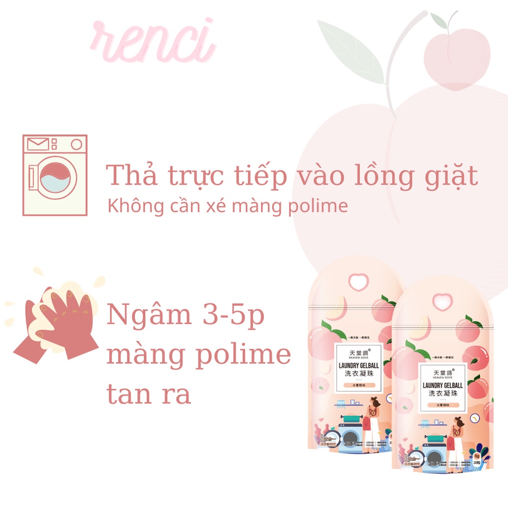 Viên Giặt Xả Hương Đào Tươi Mát Giữ Màu Làm Mềm Quần Áo Lưu Hương Lâu Gói 20 Viên