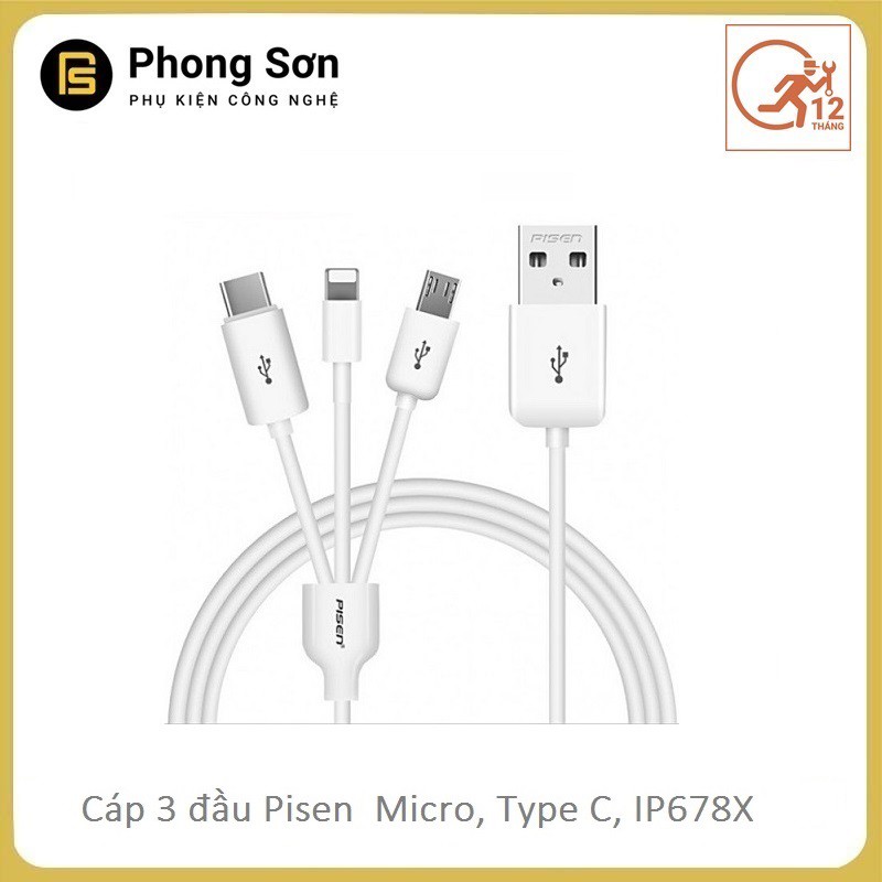 Cáp 3in1 Pisen 60cm (microusb-typec-lightning)